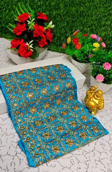 Luxurious heavy work blouse fabric with floral goldwork jaal border - BLUE COLOUR (1)