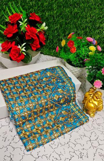Luxurious heavy work blouse fabric with floral goldwork jaal border - BLUE SHADE (2)