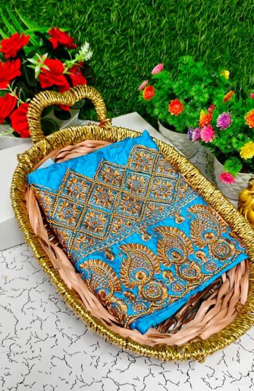 Luxurious heavy work blouse fabric with floral goldwork jaal border - BLUE SHADE (3)