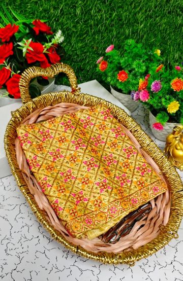 Luxurious heavy work blouse fabric with floral goldwork jaal border - GOLD