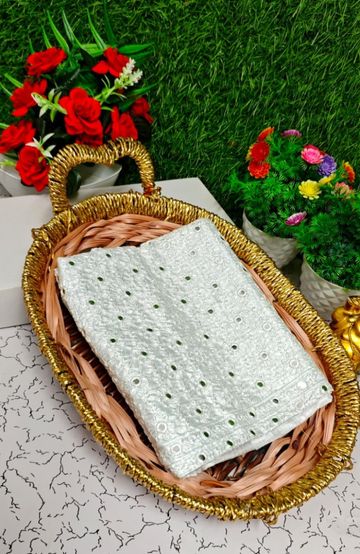 Luxurious heavy work blouse fabric with floral goldwork jaal border - WHITE