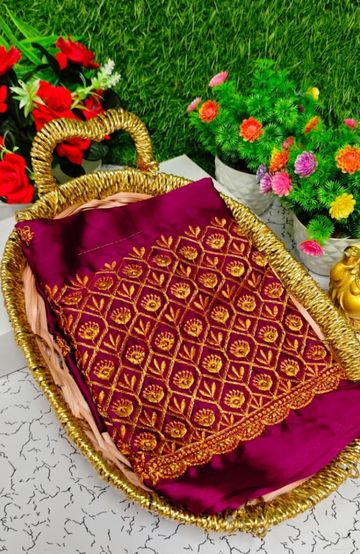 Luxurious heavy work blouse fabric with floral goldwork jaal border - MEJANTA (2)