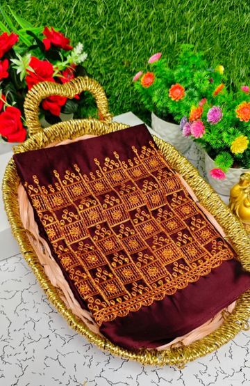 Luxurious heavy work blouse fabric with floral goldwork jaal border - BROWN COLOUR (1)