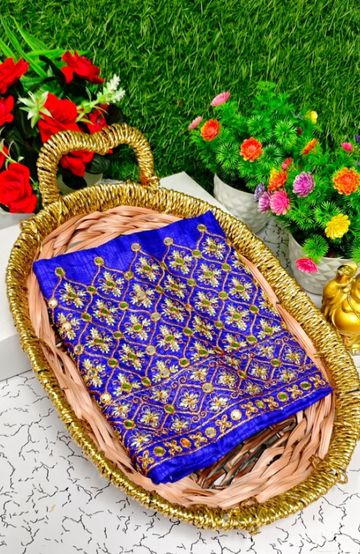 Luxurious heavy work blouse fabric with floral goldwork jaal border - ROYAL BLUE (6)