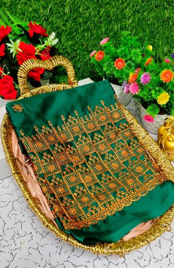 Luxurious heavy work blouse fabric with floral goldwork jaal border - GREEN COLOUR (1)
