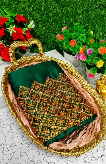 Luxurious heavy work blouse fabric with floral goldwork jaal border - GREEN (1)