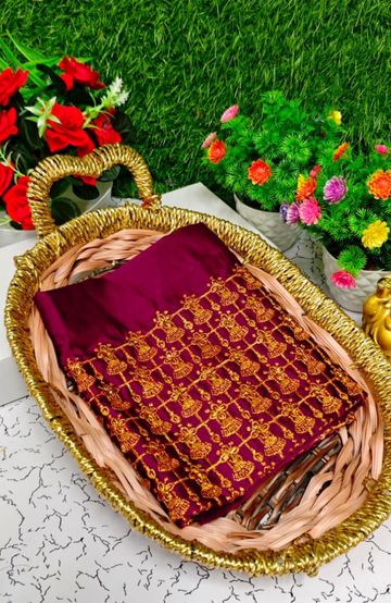 Luxurious heavy work blouse fabric with floral goldwork jaal border - MERUN (8)