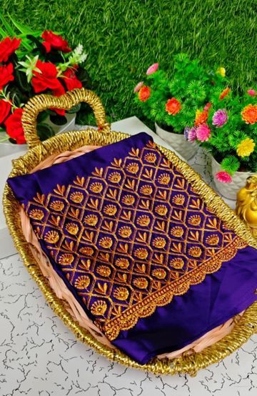 Luxurious heavy work blouse fabric with floral goldwork jaal border - BRINJAL COLOUR (3)