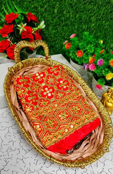 Luxurious heavy work blouse fabric with floral goldwork jaal border - RED (11)