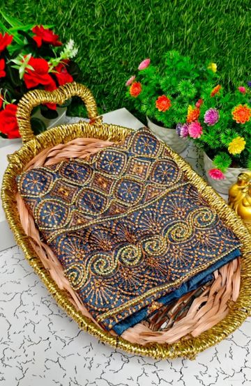 Luxurious heavy work blouse fabric with floral goldwork jaal border - GRAY