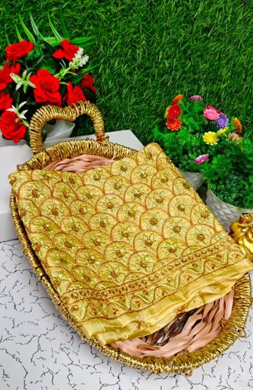 Luxurious heavy work blouse fabric with floral goldwork jaal border - SANDLE (1)