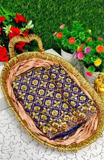 Luxurious heavy work blouse fabric with floral goldwork jaal border - R BLUE (2)