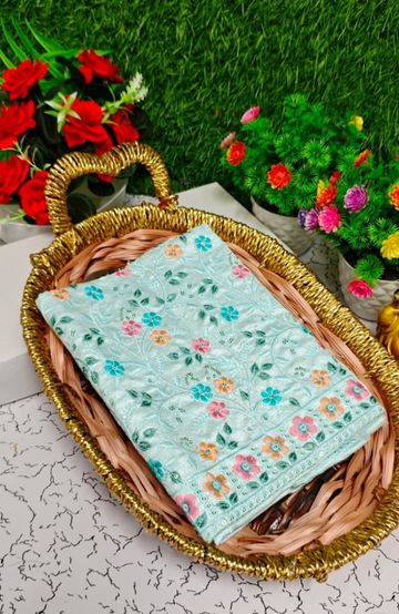 Luxurious heavy work blouse fabric with floral goldwork jaal border - LIGHT SKY BLUE