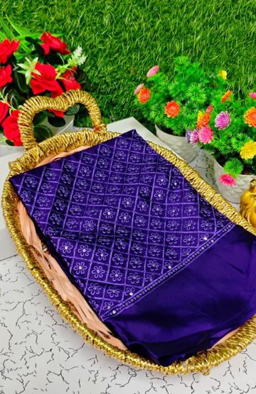 Luxurious heavy work blouse fabric with floral goldwork jaal border - INDIGO COLOUR (1)