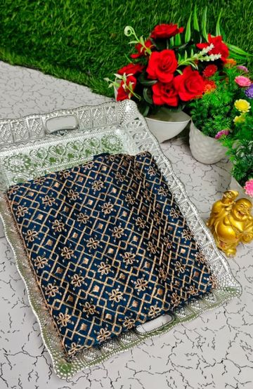 Luxurious heavy work blouse fabric with floral goldwork jaal border - PEACKOK BLUE (3)
