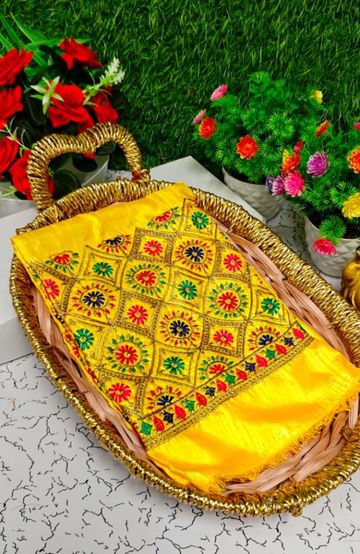 Luxurious heavy work blouse fabric with floral goldwork jaal border - YELLOW