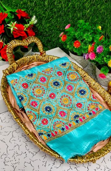 Luxurious heavy work blouse fabric with floral goldwork jaal border - SKY BLUE