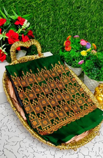 Luxurious heavy work blouse fabric with floral goldwork jaal border - GREEN COLOUR (2)