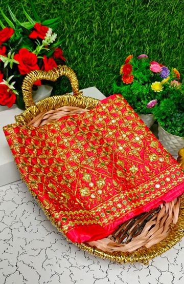 Luxurious heavy work blouse fabric with floral goldwork jaal border - DARK PINK (13)