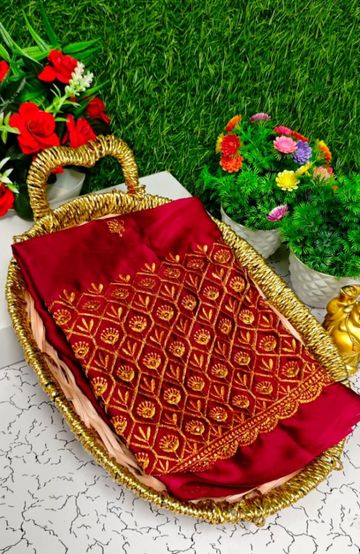 Luxurious heavy work blouse fabric with floral goldwork jaal border - BROWN COLOUR (2)