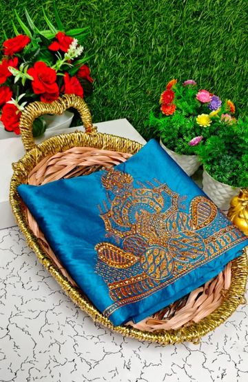 Luxurious heavy work blouse fabric with floral goldwork jaal border - NORMAL  BLUE