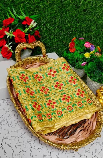 Luxurious heavy work blouse fabric with floral goldwork jaal border - GOLD (1)