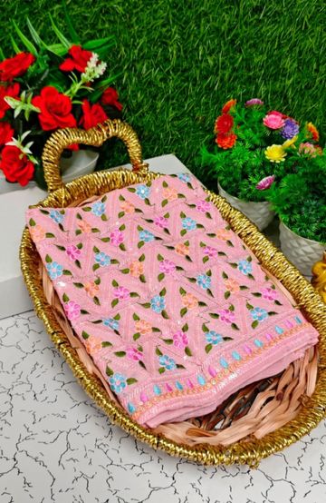 Luxurious heavy work blouse fabric with floral goldwork jaal border - BABY PINK