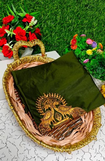 Luxurious heavy work blouse fabric with floral goldwork jaal border - OLIVE GREEN