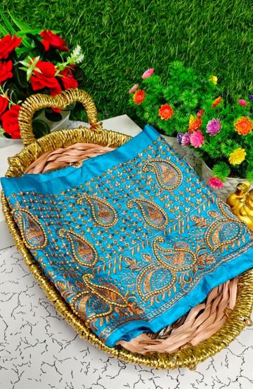 Luxurious heavy work blouse fabric with floral goldwork jaal border - BLUE COLOUR (2)