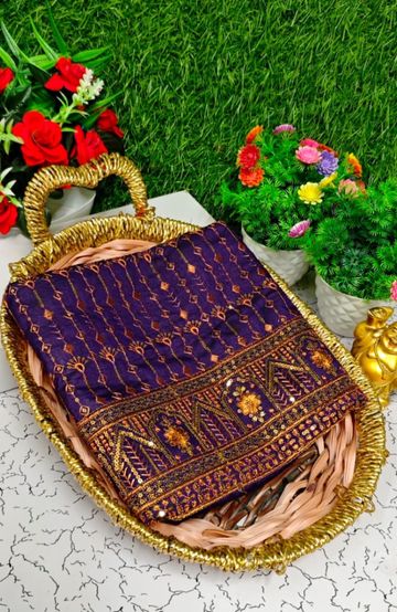 Luxurious heavy work blouse fabric with floral goldwork jaal border - BRINJAL COLOUR (4)