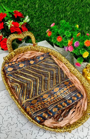 Luxurious heavy work blouse fabric with floral goldwork jaal border - GRAY (1)