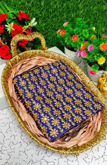 Luxurious heavy work blouse fabric with floral goldwork jaal border - R BLUE (3)