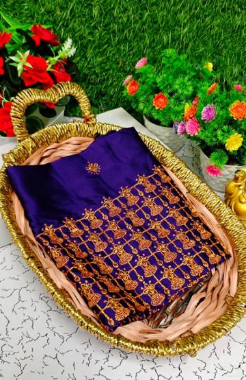 Luxurious heavy work blouse fabric with floral goldwork jaal border - INDIGO COLOUR (2)