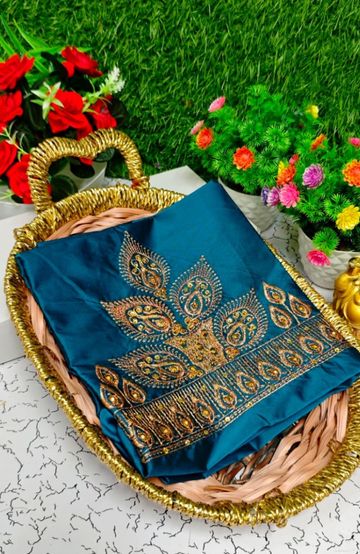 Luxurious heavy work blouse fabric with floral goldwork jaal border - BLUE SHADE (4)
