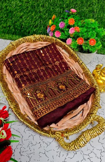 Luxurious heavy work blouse fabric with floral goldwork jaal border - DARK PINK (6)