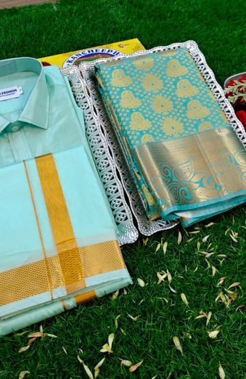 Elegant Silk Dhoti Shirt & Saree Couple Combo coordinated look for special occasions - REXONA