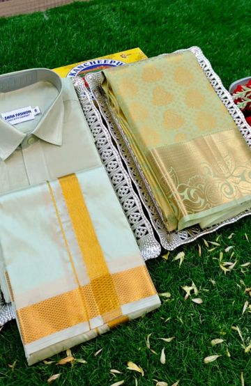 Elegant Silk Dhoti Shirt & Saree Couple Combo coordinated look for special occasions - LIGHT GREEN