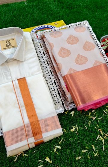 Elegant Silk Dhoti Shirt & Saree Couple Combo coordinated look for special occasions - BEIGE COLOUR