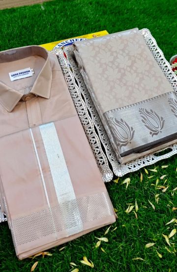 Elegant Silk Dhoti Shirt & Saree Couple Combo coordinated look for special occasions - CHOCOLATE COLOR