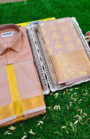 Elegant Silk Dhoti Shirt & Saree Couple Combo coordinated look for special occasions - CREAM COLOR