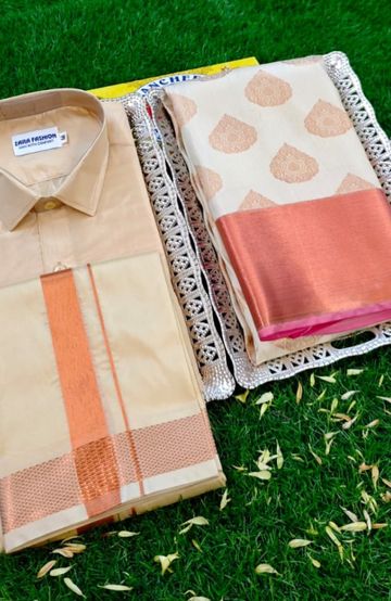 Elegant Silk Dhoti Shirt & Saree Couple Combo coordinated look for special occasions - SANDLE