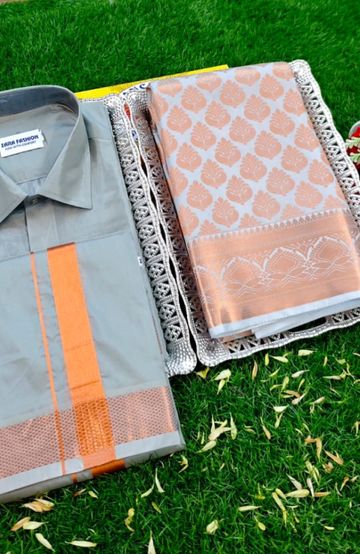 Elegant Silk Dhoti Shirt & Saree Couple Combo coordinated look for special occasions - GRAY