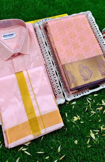 Elegant Silk Dhoti Shirt & Saree Couple Combo coordinated look for special occasions - BABY PINK