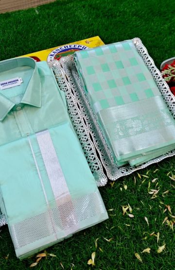 Elegant Silk Dhoti Shirt & Saree Couple Combo coordinated look for special occasions - REXONA (1)