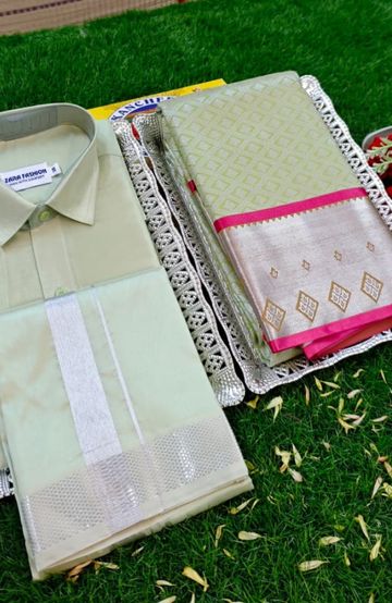 Elegant Silk Dhoti Shirt & Saree Couple Combo coordinated look for special occasions - LIGHT GREEN (1)
