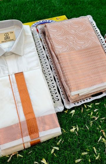 Elegant Silk Dhoti Shirt & Saree Couple Combo coordinated look for special occasions - BEIGE COLOUR (1)