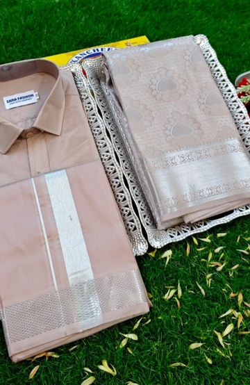 Elegant Silk Dhoti Shirt & Saree Couple Combo coordinated look for special occasions - CHOCOLATE COLOR (1)