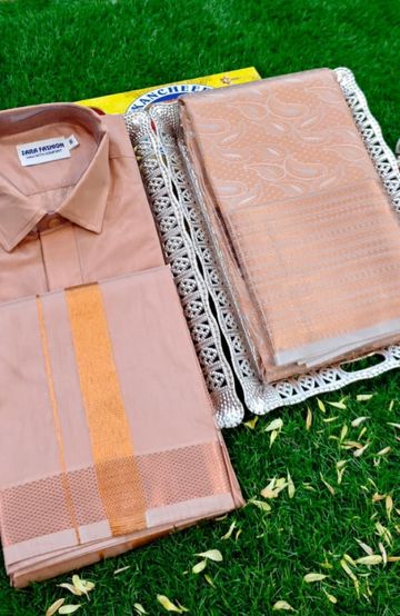 Elegant Silk Dhoti Shirt & Saree Couple Combo coordinated look for special occasions - CREAM COLOR (1)
