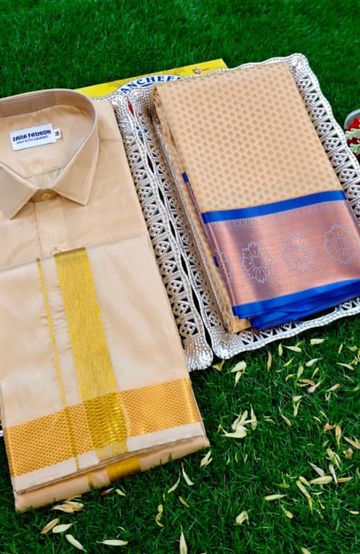 Elegant Silk Dhoti Shirt & Saree Couple Combo coordinated look for special occasions - SANDLE (1)