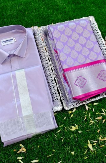 Elegant Silk Dhoti Shirt & Saree Couple Combo coordinated look for special occasions - LEVENDOR (1)